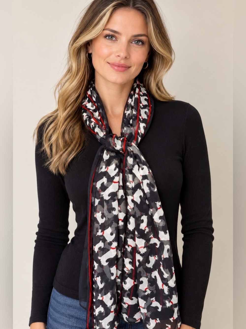 Women's Black Red White Scottie Dog Sheer Scarf SM 183